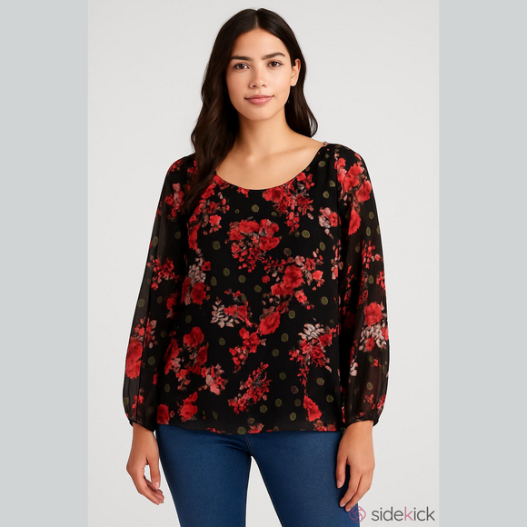 Nine West Tops - Nine West Black and Red Floral Blouse